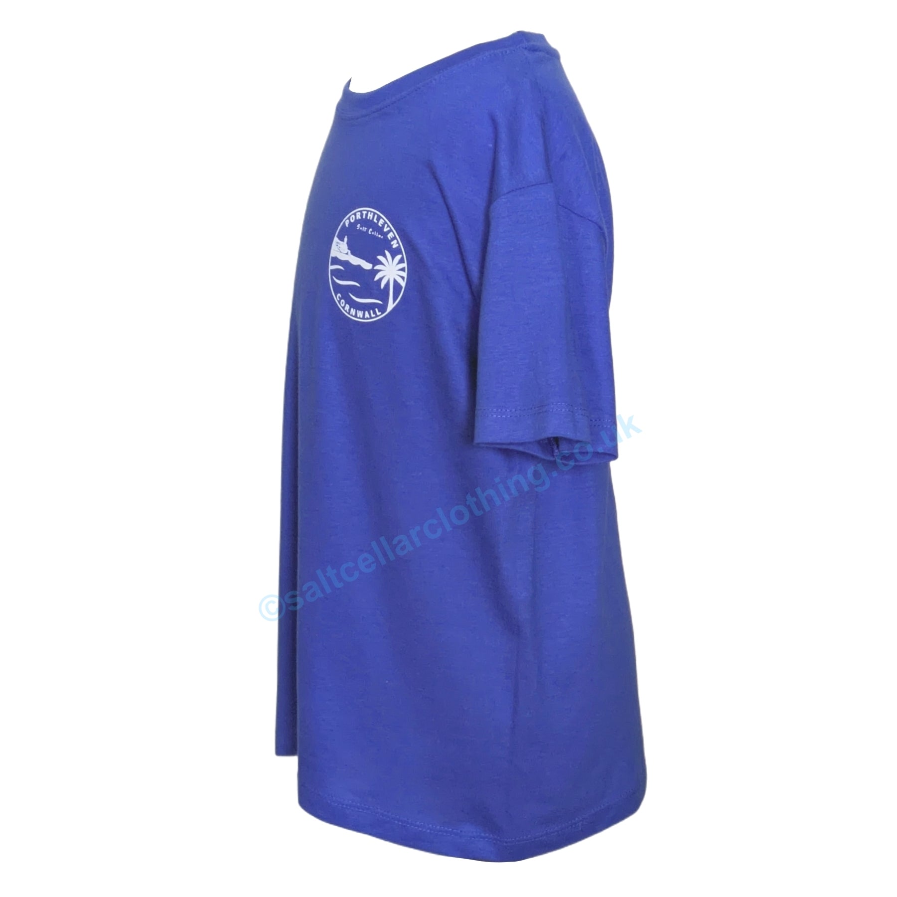 Side view of a Royal Blue kids t-shirt with a Porthleven logo print on a white background
