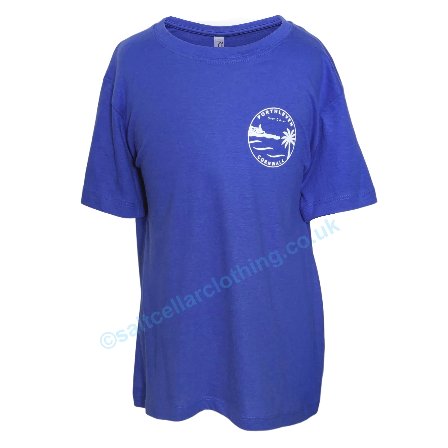 Blue kids short sleeve t-shirt with a white Porthleven Cornwall logo on a white background