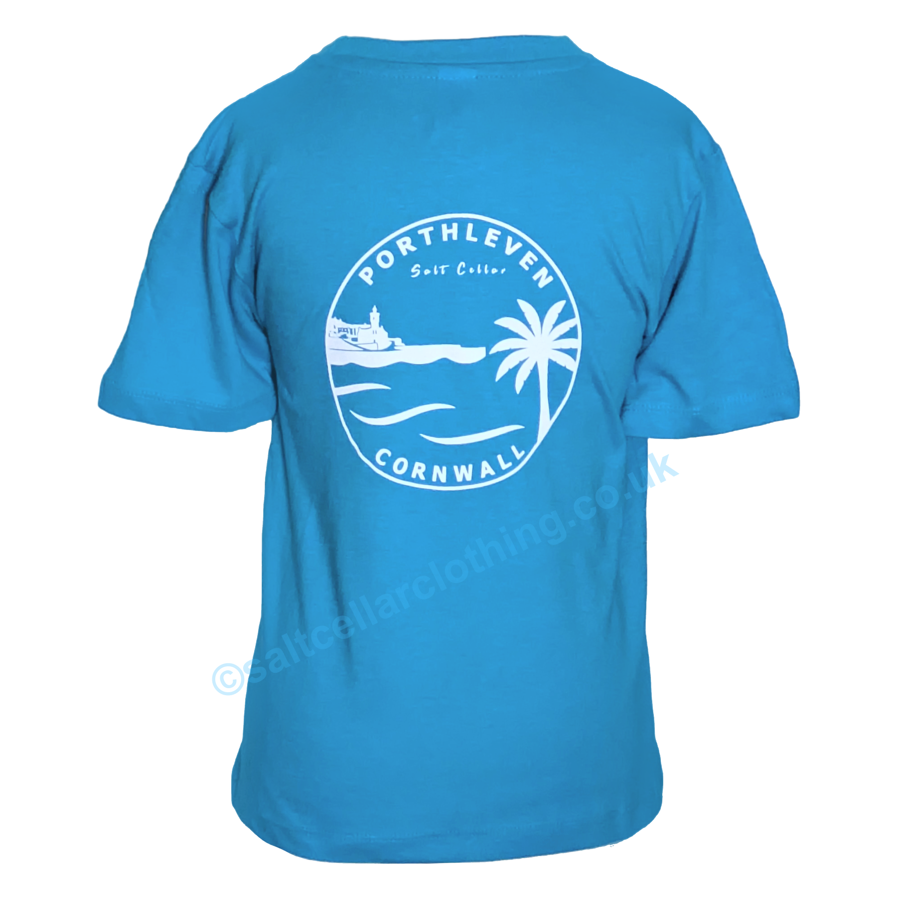 Main view of a blue kids t-shirt with white Porthleven, Cornwall print graphic on a white background