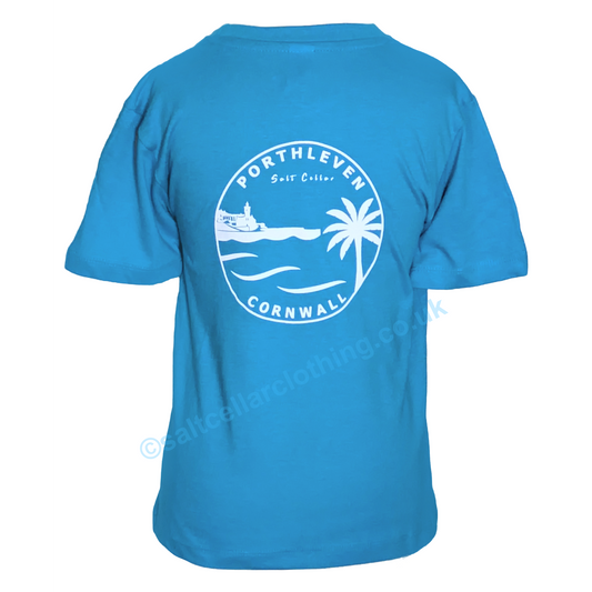 Main view of a blue kids t-shirt with white Porthleven, Cornwall print graphic on a white background