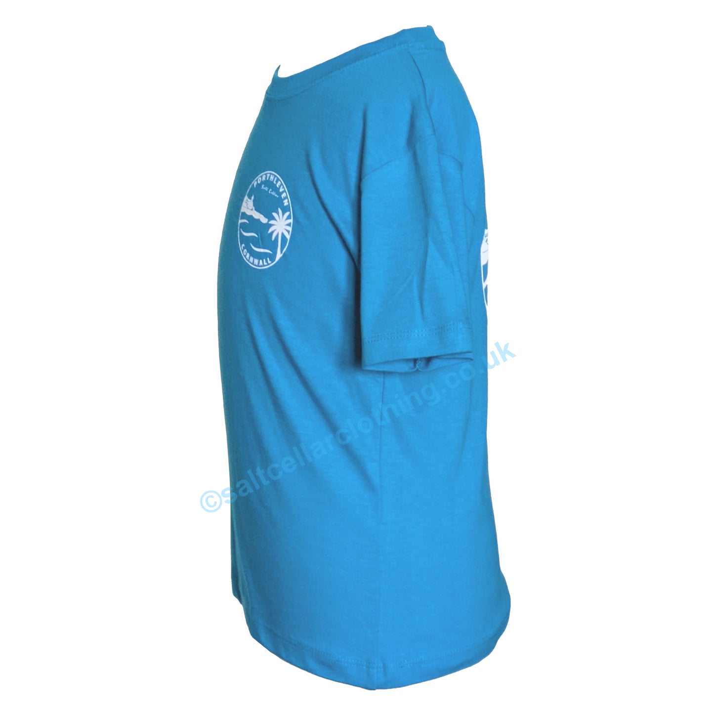 Side view of a kids blue short sleeve t-shirt with a Porthleven logo against a white background