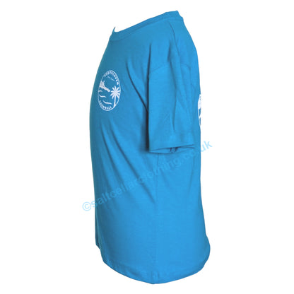 Side view of a kids blue short sleeve t-shirt with a Porthleven logo against a white background
