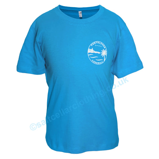 Blue kids t-shirt with a white Porthleven print logo on a white background