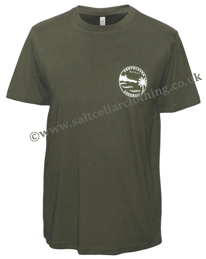 Olive green Porthleven print shirt men with a casual graphic design on the front