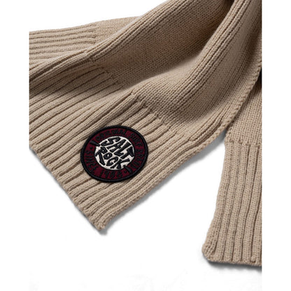 Light Brown knitted Saltrock SR scarf with a round logo patch on a white background