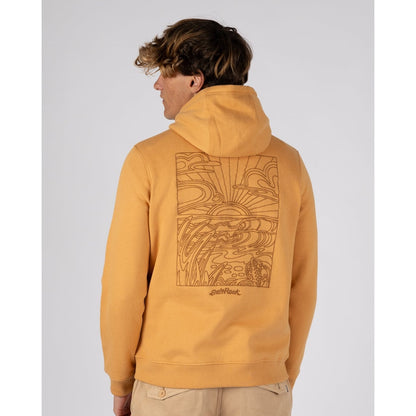 Back view of a man wearing a yellow Saltrock Open Finals Linear pop hoodie with large surf inspired embroidered design