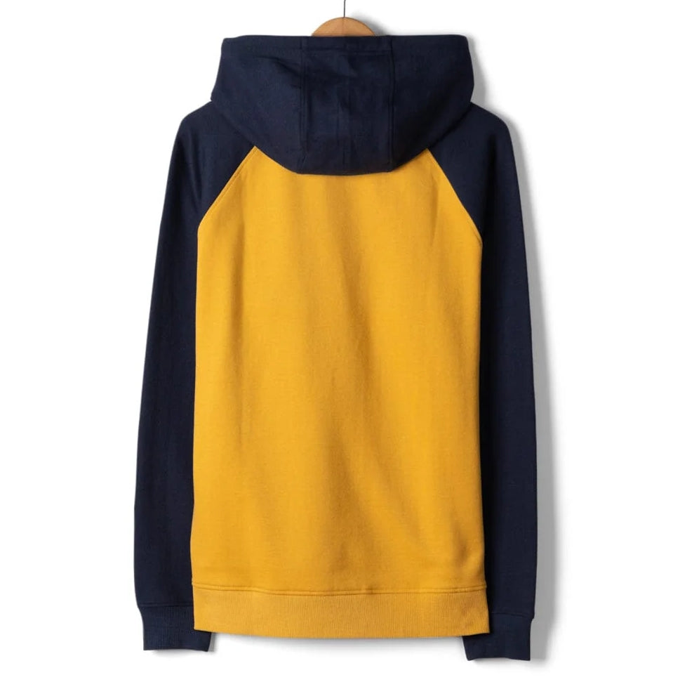 Back view of a mens Saltrock Pitcher raglan pop hoodie in yellow and navy blue on a white background