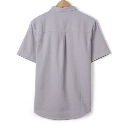 Back view of a men's Saltrock short sleeve Polperro button shirt in grey with a waffle texture