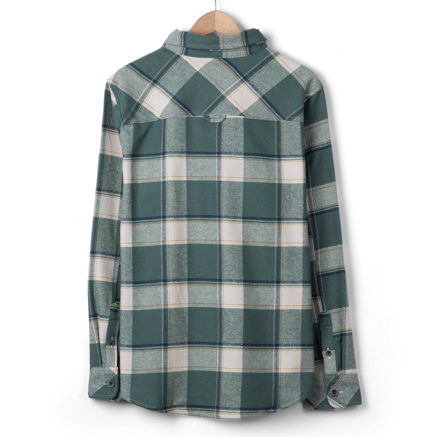 Back view of a mens Saltrock Strait long sleeve check shirt in dark teal green.