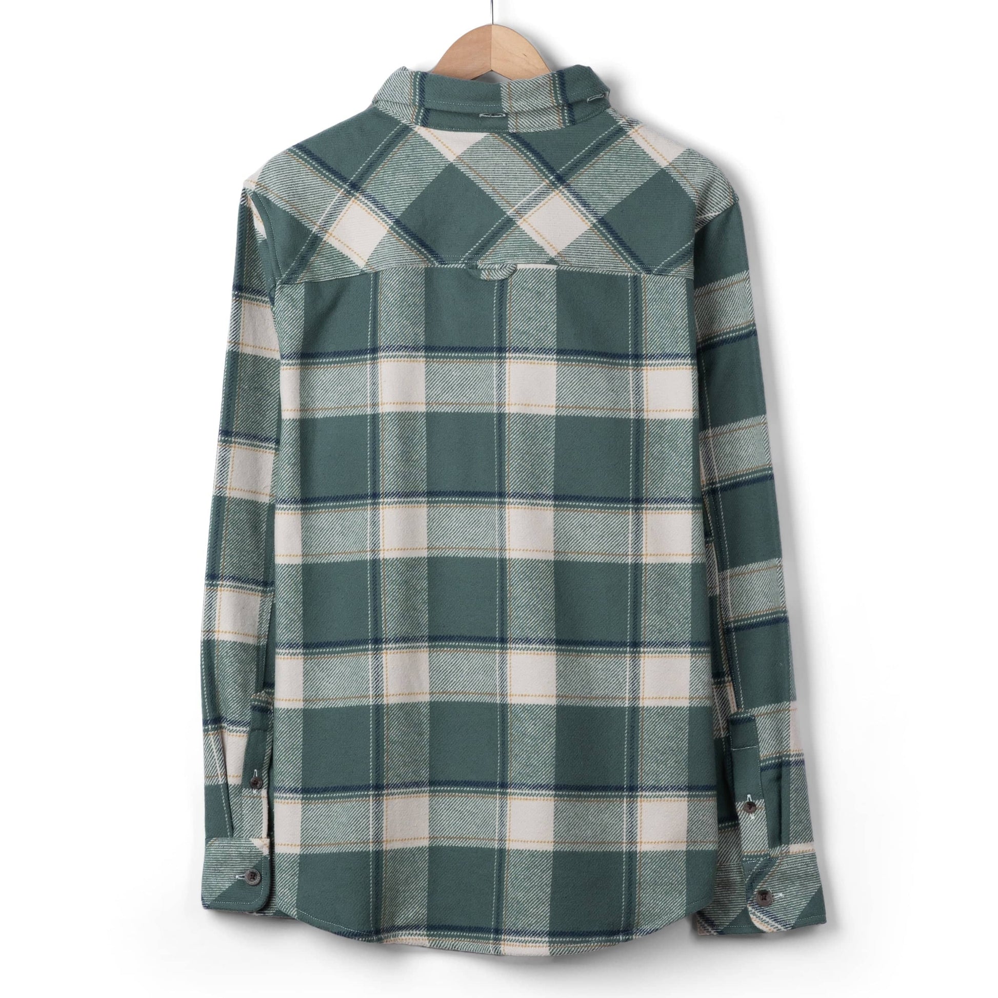 Back view of a mens Saltrock Strait long sleeve check shirt in dark teal green.