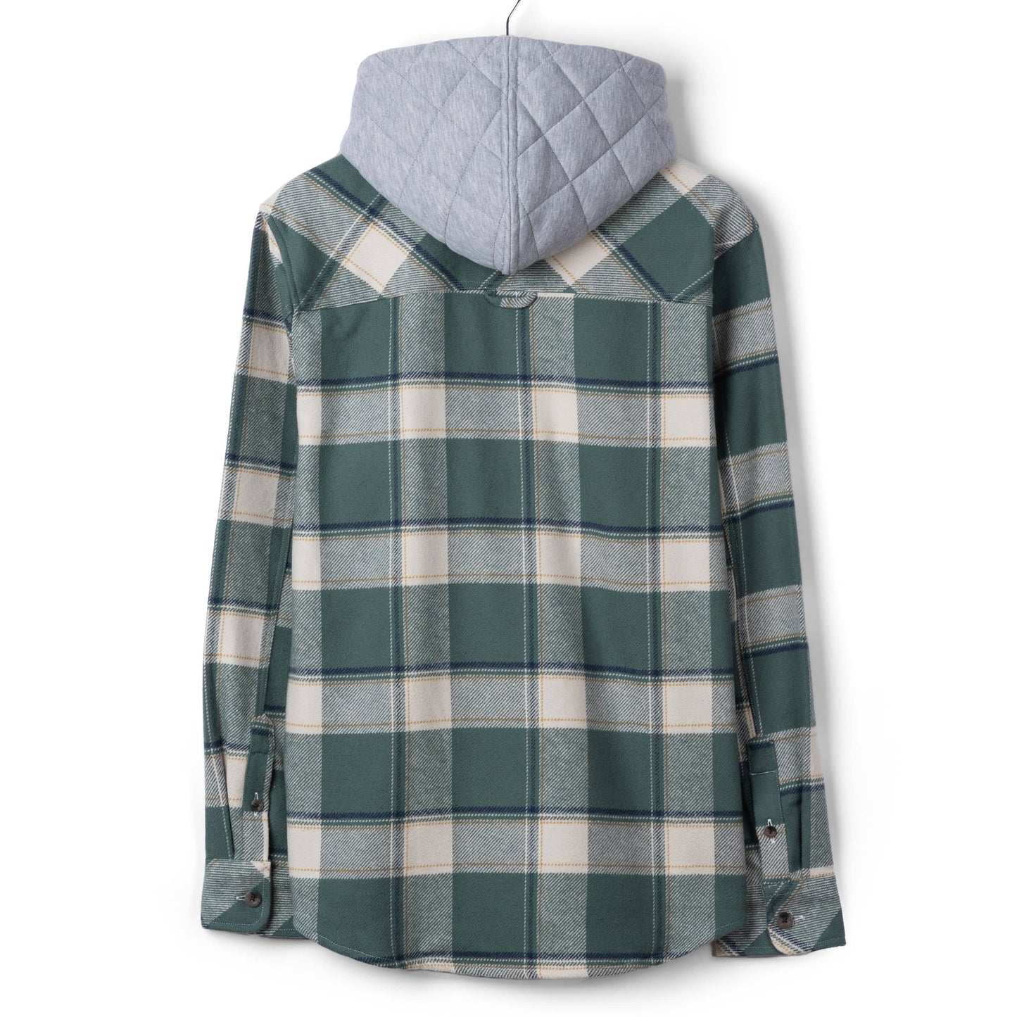 Back view of a mens Saltrock Strait long sleeve check shirt in dark teal green with chest pockets and a detachable grey hood.