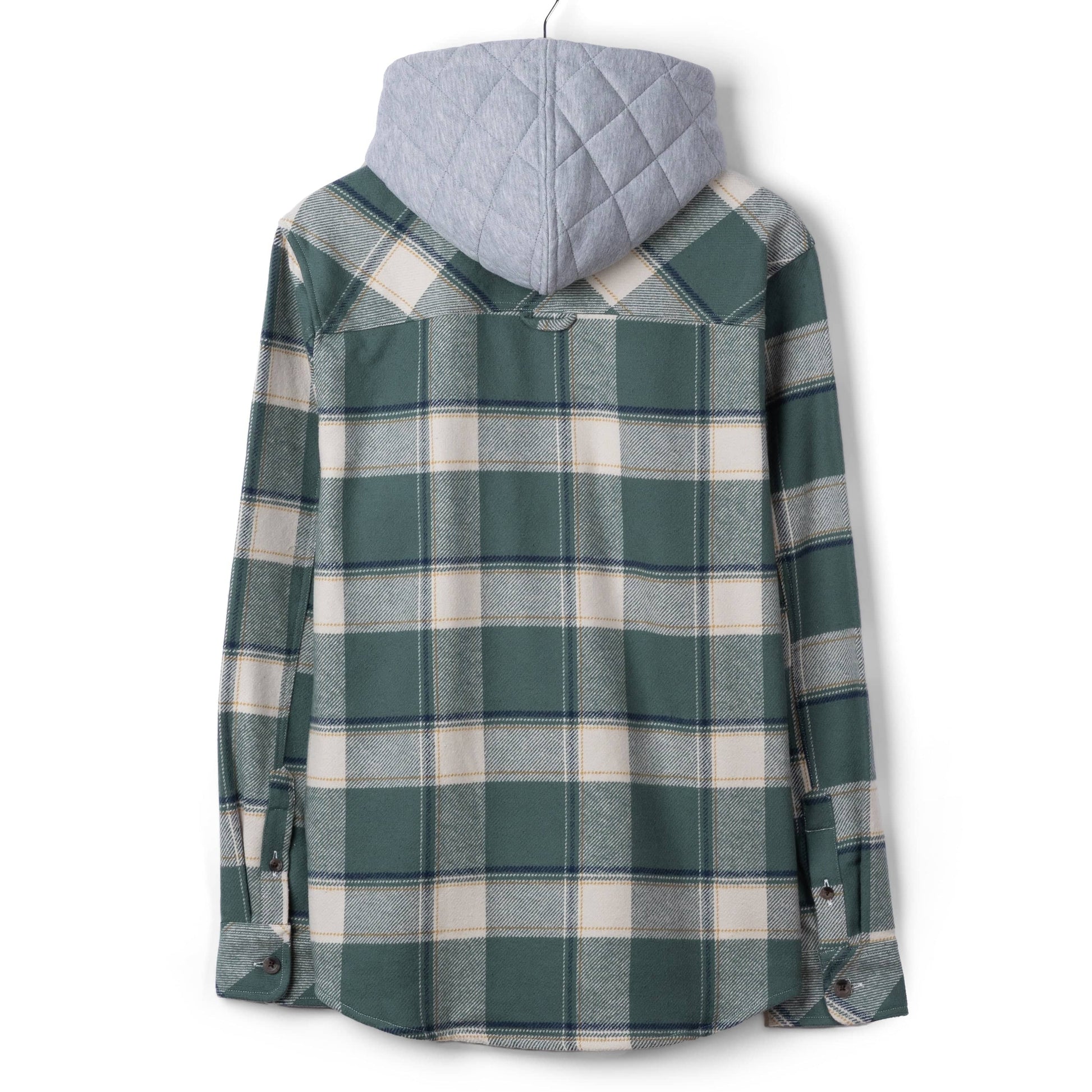 Back view of a mens Saltrock Strait long sleeve check shirt in dark teal green with chest pockets and a detachable grey hood.