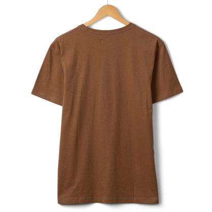 Back view of a mens Saltrock short sleeve t-shirt in brown with a Trail Bus print design on the front