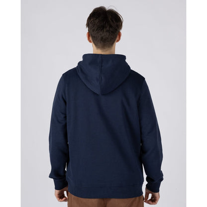Back view of a man wearing a navy blue Saltrock Tribal Stripe pop hoodie with multicolour stripe print and logo across the chest