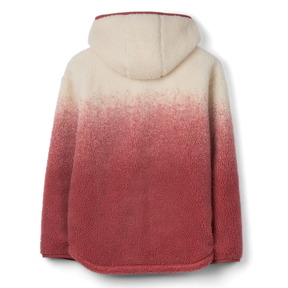 Back view of a womens Saltrock full zip hooded Alba sherpa fleece in a dip dye cream to pink design.