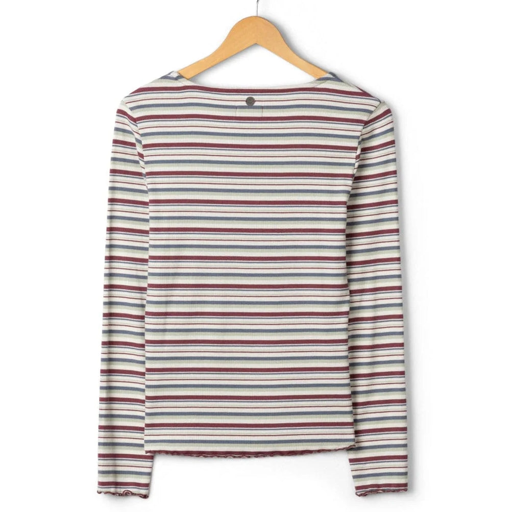 Back view of a womens Saltrock long sleeve Lenna t-shirt in white with a multicolour stripe pattern