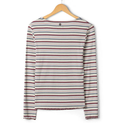 Back view of a womens Saltrock long sleeve Lenna t-shirt in white with a multicolour stripe pattern