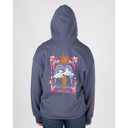 Back view of a womens Saltrock Athena pop hoodie in Dark Blue, featuring a large print on the back of a terracotta vase with a coastal themed background.