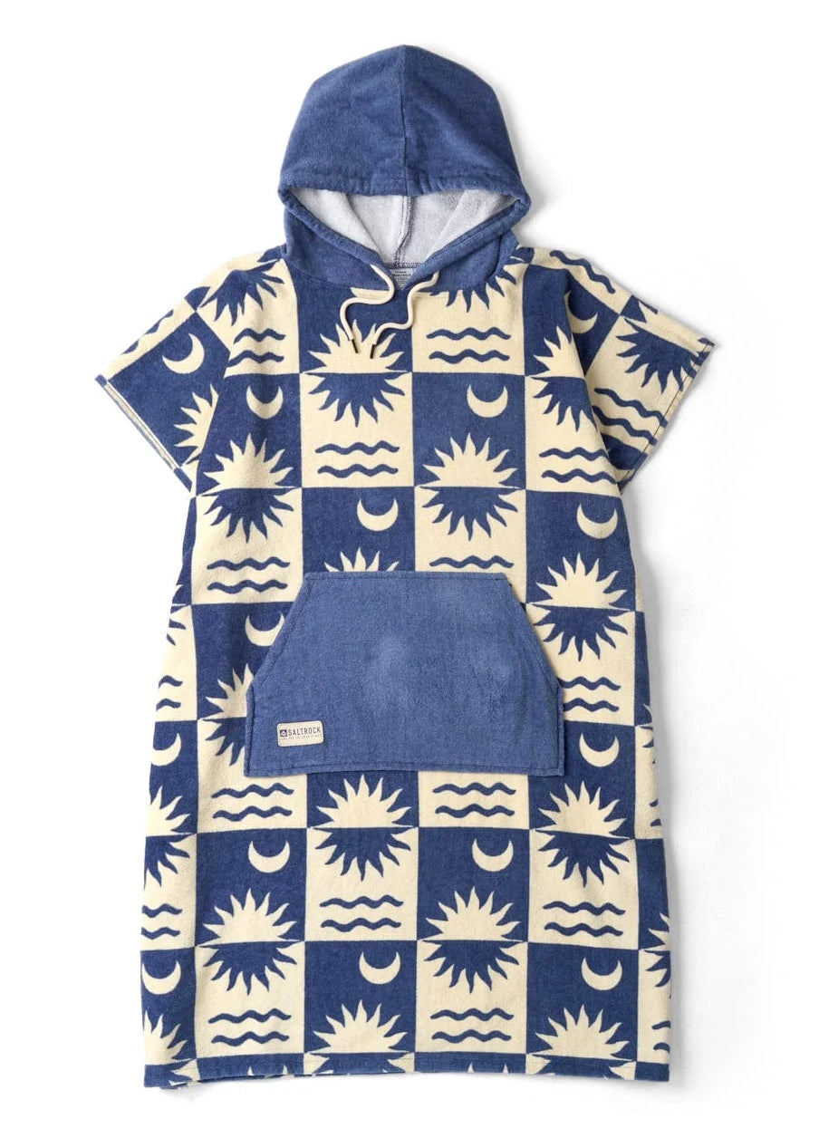 Saltrock changing towel robe blue with sun and wave patterns and a front pocket hooded design