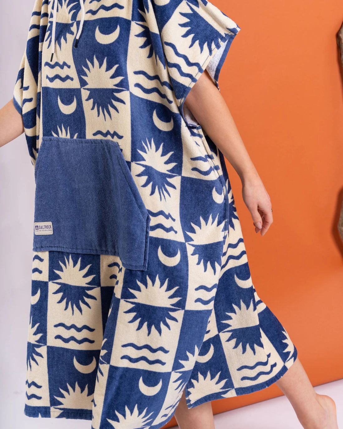 Saltrock changing towel robe blue with sun and moon patterns and front pocket