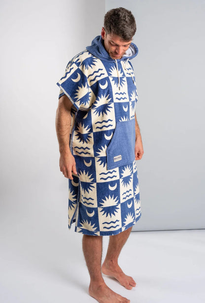 Saltrock changing towel robe blue with hood and sun moon pattern on a man