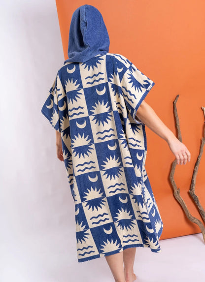 Saltrock changing towel robe blue with sun and wave pattern and hood for easy changing