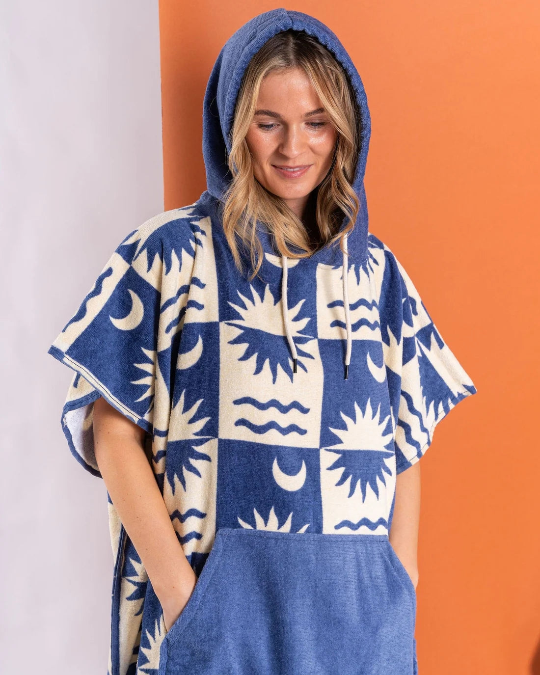Saltrock changing towel robe blue with sun and moon print hooded towelling robe for changing