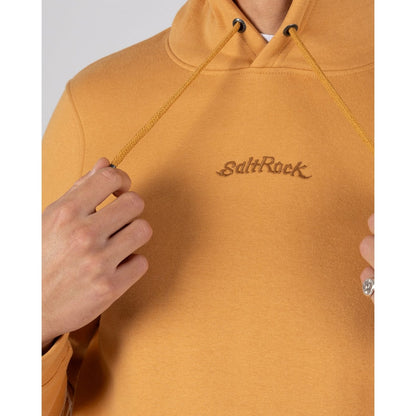 Close-up of a small logo on the front of a mens Saltrock Open Finals Linear pop hoodie in yellow