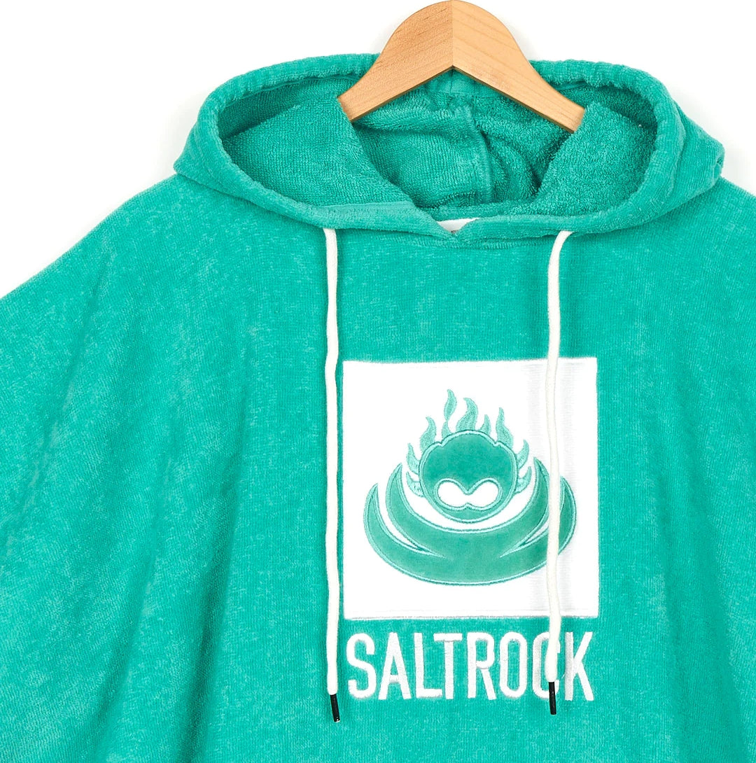 Saltrock Corp changing towel robe in Turquoise with hood and front logo print on a wooden hanger