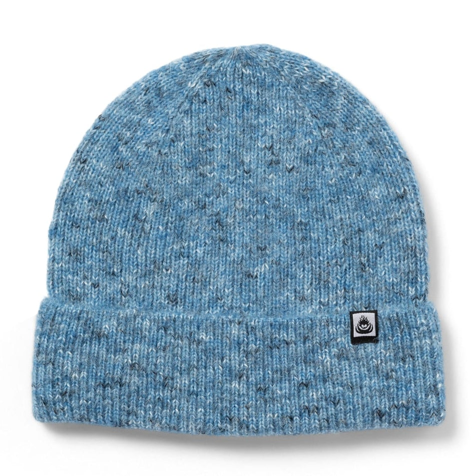 Front view of an adults Saltrock knitted Brushed Maine beanie in bright blue with a turn back hem.