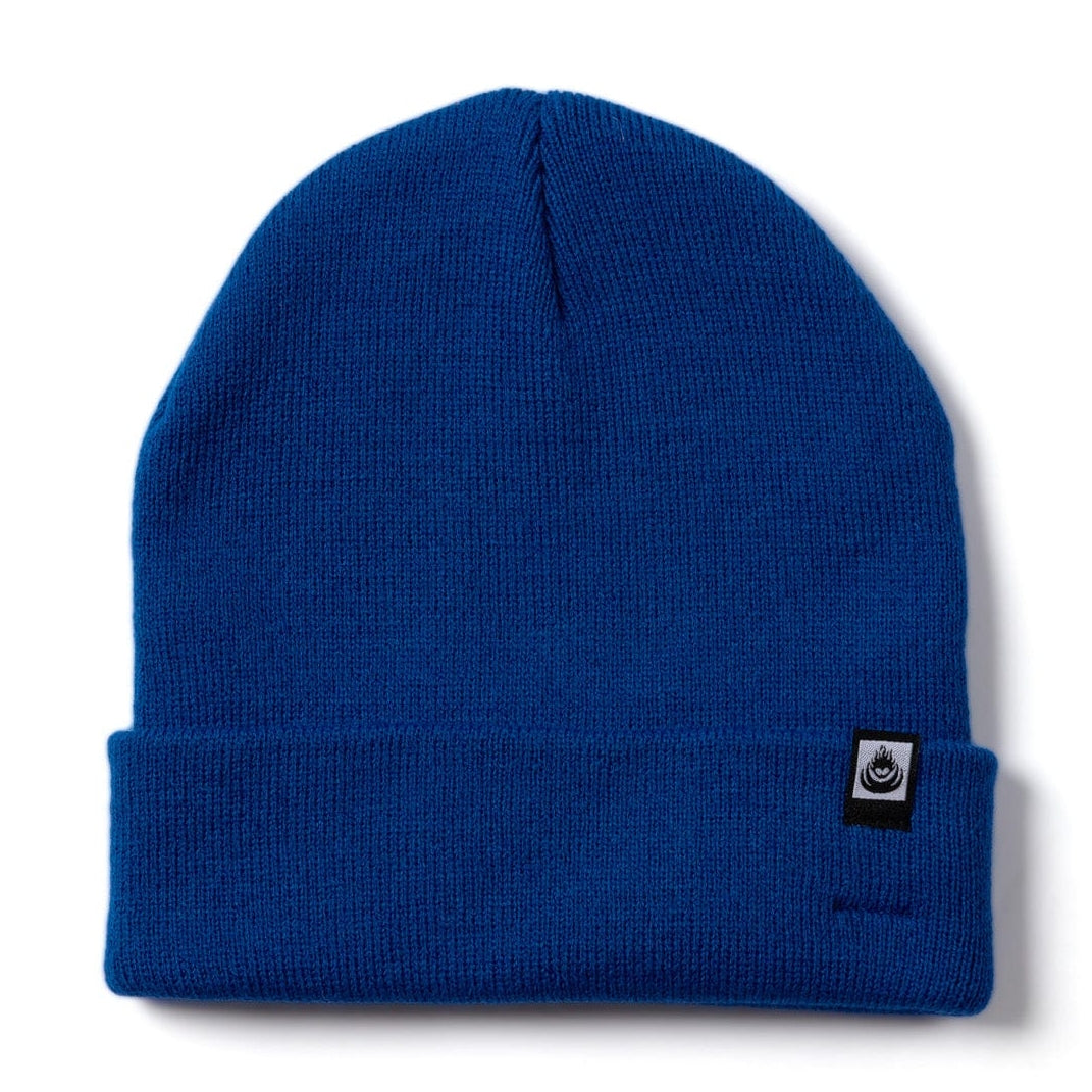 Front view of a bright blue Saltrock OK beanie with turn-up hem and a logo on a white background