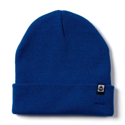 Front view of a bright blue Saltrock OK beanie with turn-up hem and a logo on a white background