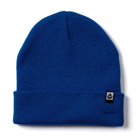 Front view of a bright blue Saltrock OK beanie with turn-up hem and a logo on a white background