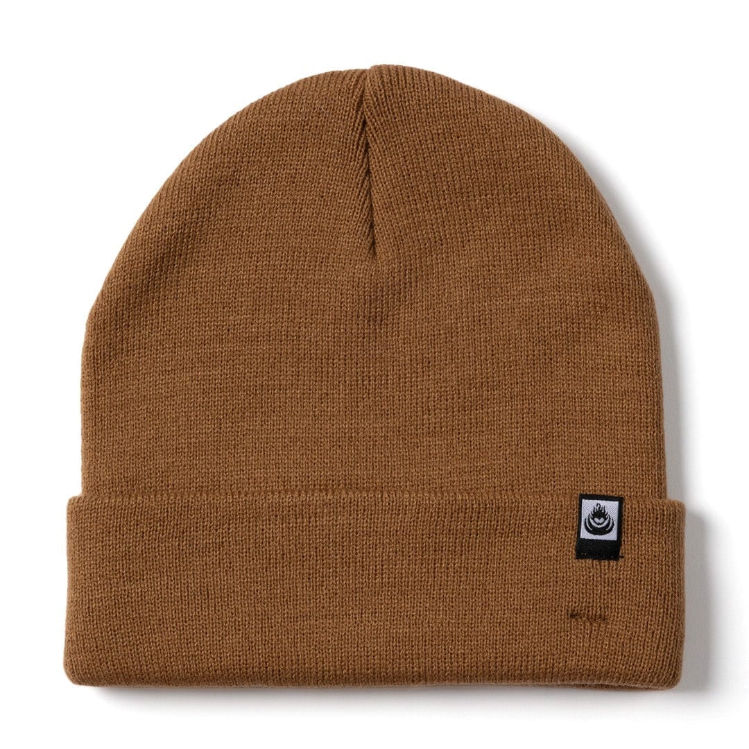 Front view of a brown knit Saltrock OK beanie with a turn-up hem and a small logo on a white background