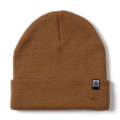 Front view of a brown knit Saltrock OK beanie with a turn-up hem and a small logo on a white background