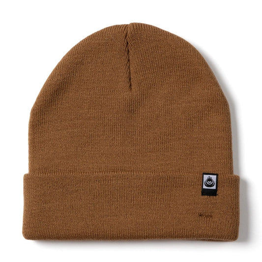Front view of a brown knit Saltrock OK beanie with a turn-up hem and a small logo on a white background