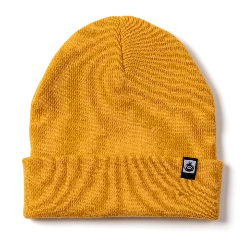 Front view of a yellow Saltrock Ok beanie with a turn back hem and a small logo on a white background