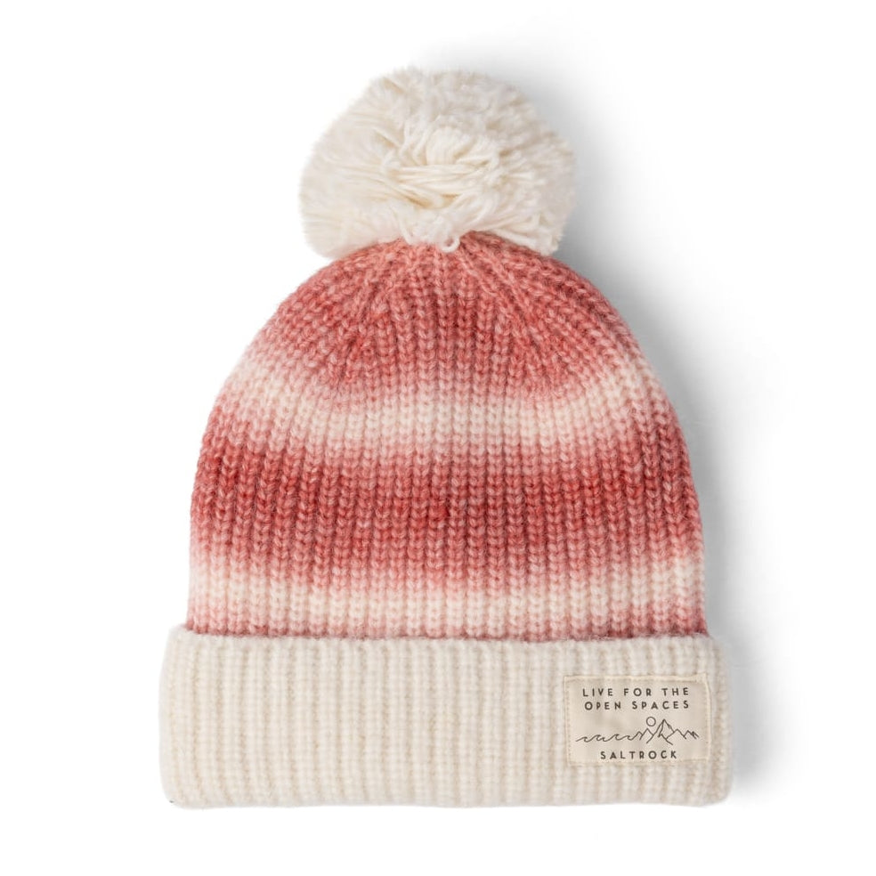 Main front view of a womens Saltrock Alba knitted beanie bobble hat in pink and cream with a turnup hem and pom pom bobble on top.