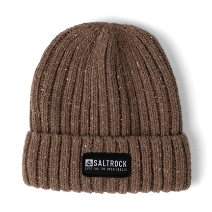Front view of an adults Saltrock knitted Heritage beanie in brown, with a ribbed, fleck outer fabric, soft faux fur lining and a turn back hem with a black logo patch.
