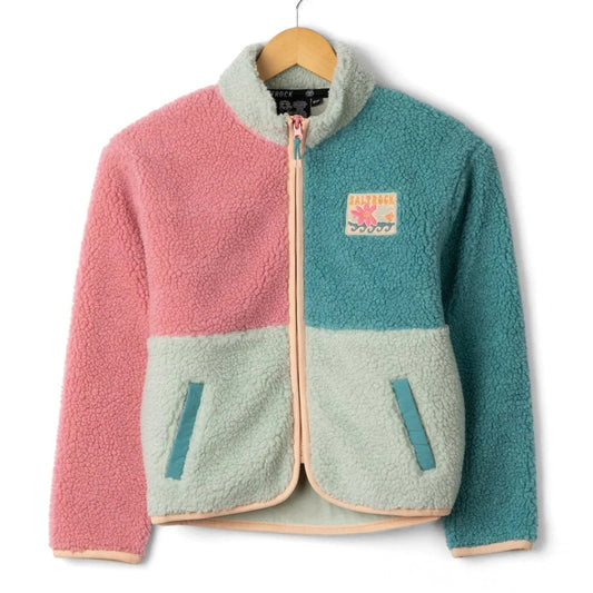 Front view of a kids Saltrock Emery Wave colour block fleece in bright pink, turquoise and teal.