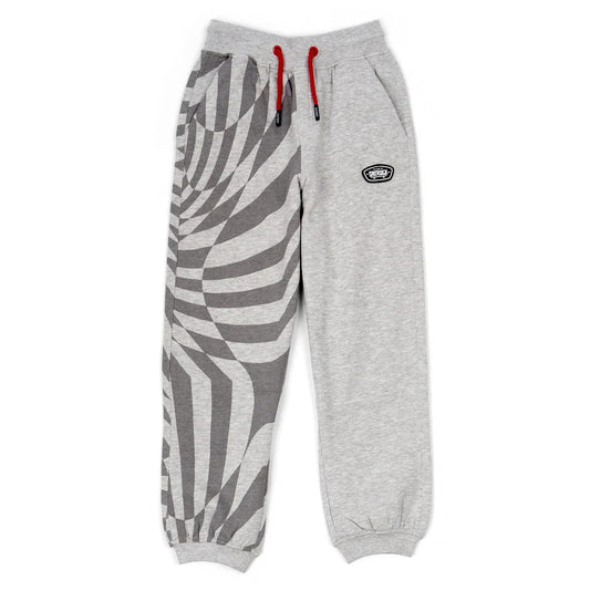 Front view of a pair of kids Saltrock Rip It jogger sweat trousers in grey with a geometric print on one leg