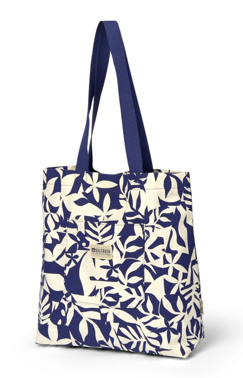 Front view of a blue and cream floral patterned Laguna Saltrock tote bag on a white background