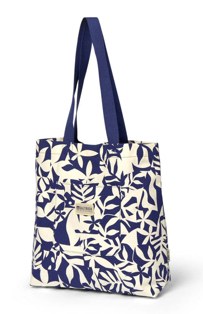 Front view of a blue and cream floral patterned Laguna Saltrock tote bag on a white background