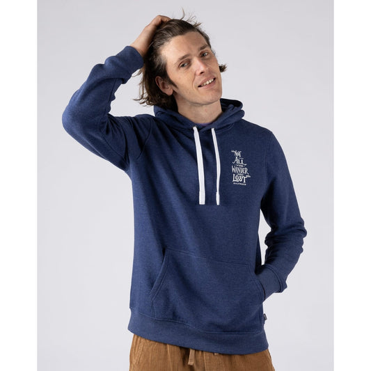 Man wearing a Saltrock Lost Ships pop hoodie in blue with front tummy pocket and white hood drawcord.