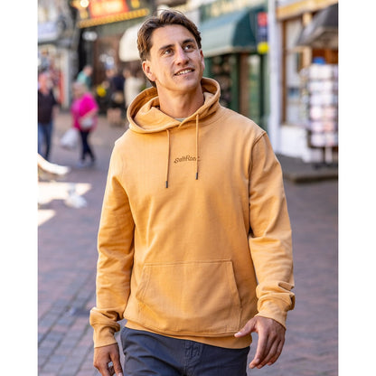 Front view of a mens Saltrock Open Finals Linear pop hoodie in yellow with small logo on the chest and tummy pocket