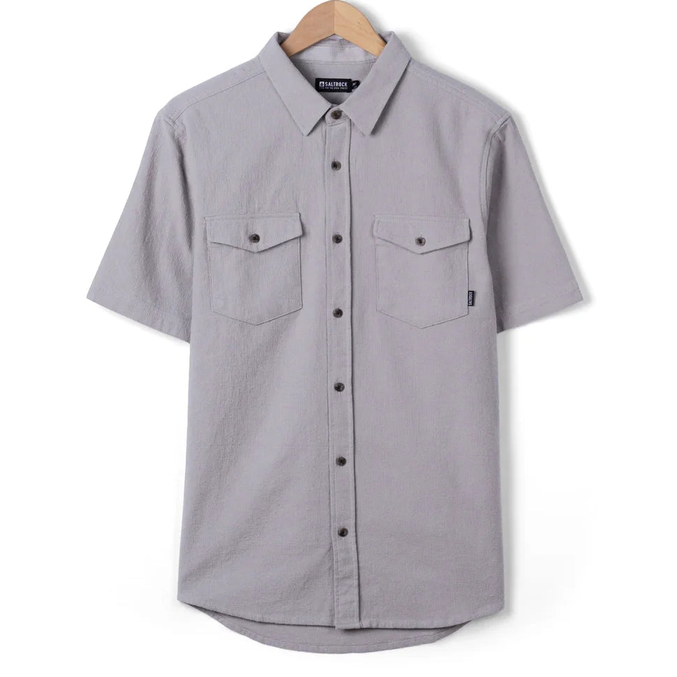 Front view of a men's Saltrock short sleeve Polperro button shirt in grey with a waffle texture and two button pockets on the chest.