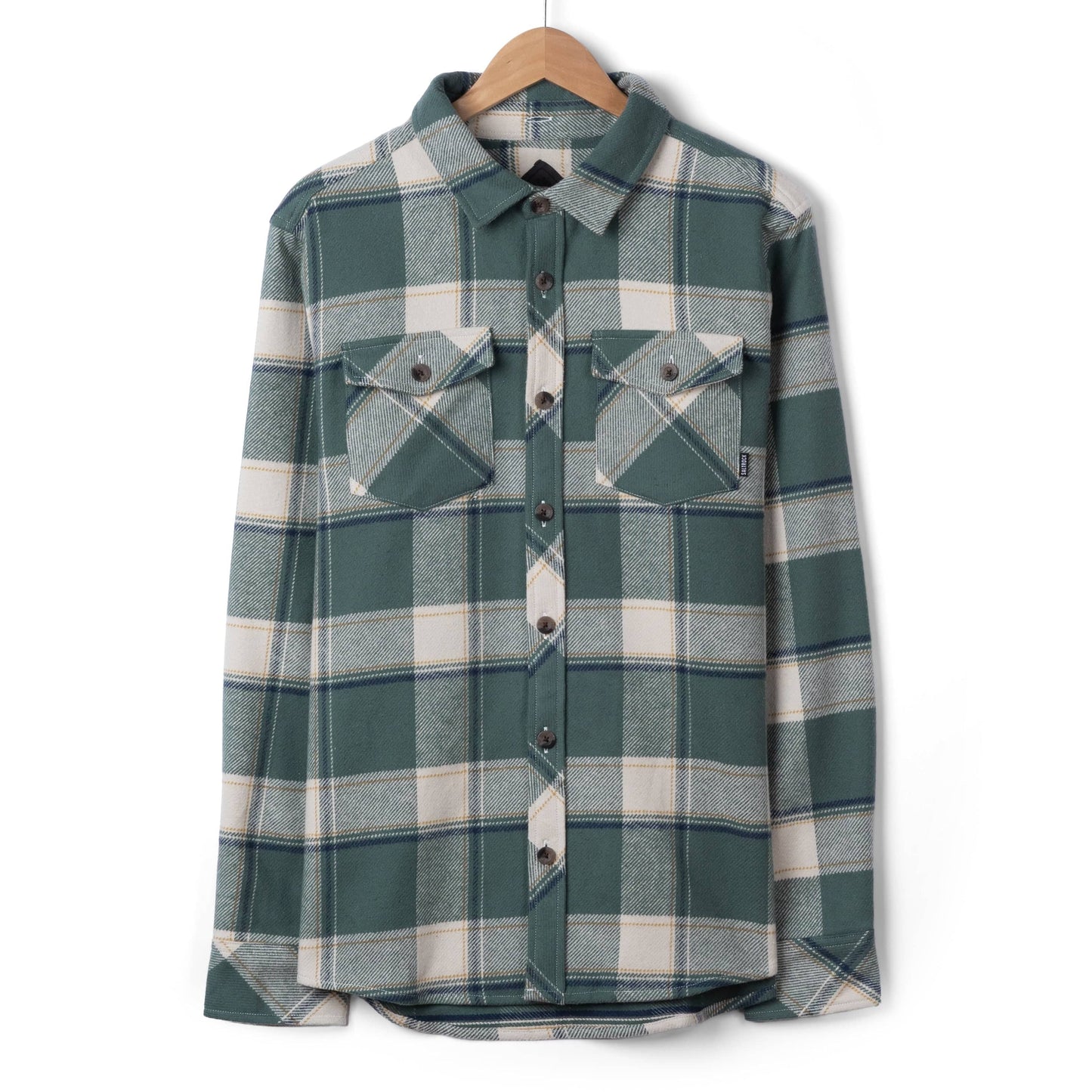 A mens Saltrock Strait long sleeve check shirt in dark teal green with chest pockets.