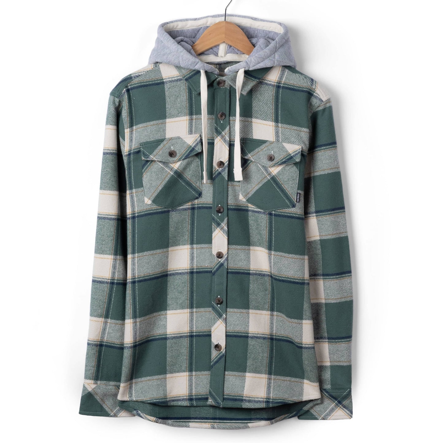Front view of a mens Saltrock Strait long sleeve check shirt in dark teal green with chest pockets and a detachable grey hood.
