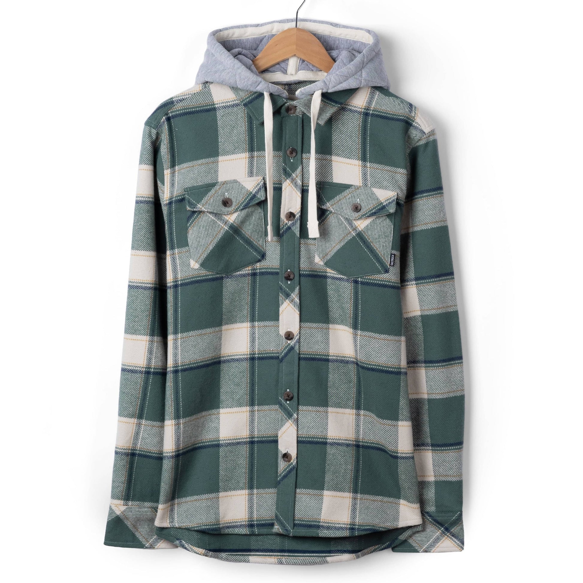 Front view of a mens Saltrock Strait long sleeve check shirt in dark teal green with chest pockets and a detachable grey hood.