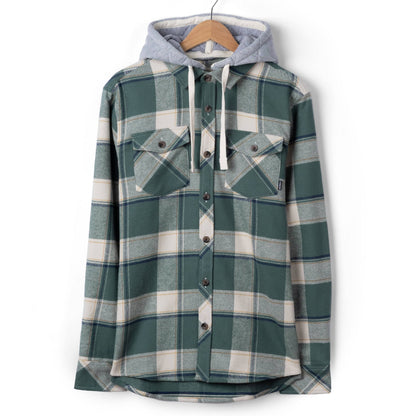 Front view of a mens Saltrock Strait long sleeve check shirt in dark teal green with chest pockets and a detachable grey hood.